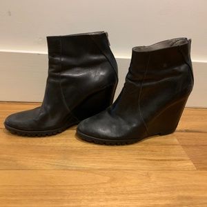 Black Leather Ankle Booties w Wedge Heel